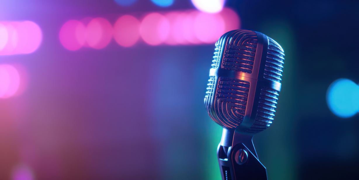 Studio Podcast Microphone on Blurry Neon Background